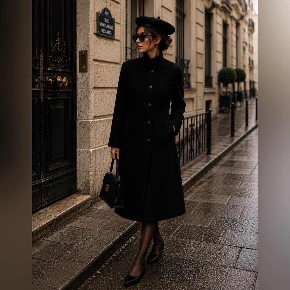 Vtg Jod 100% Wool Coat Womens M Black Pea Button USA 90s winter old money